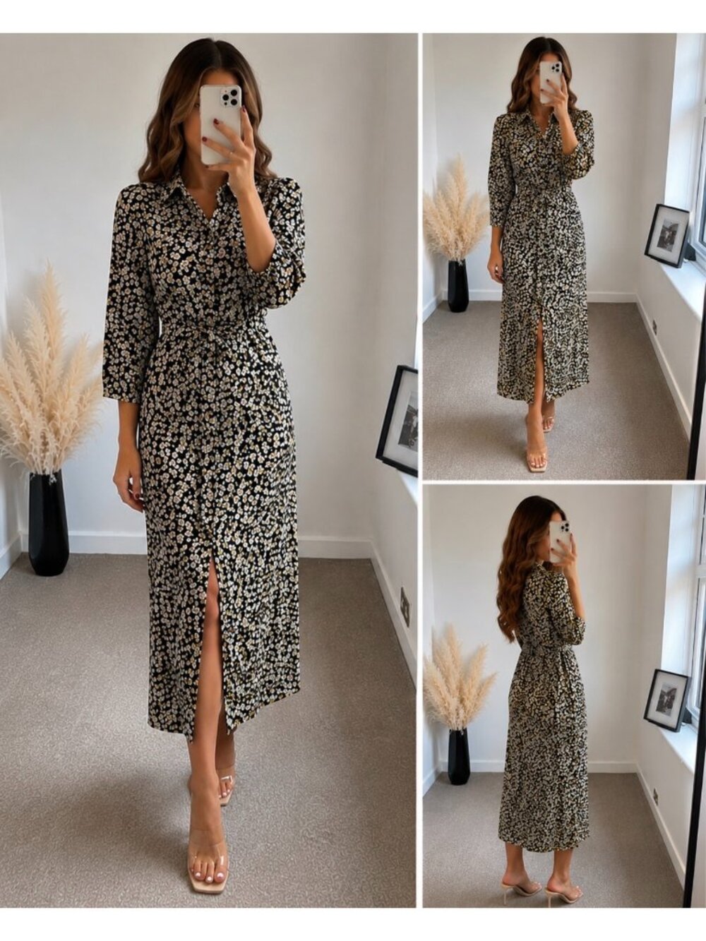 Zara Floral Long Sleeve Button Up Midi Dress Size XS
